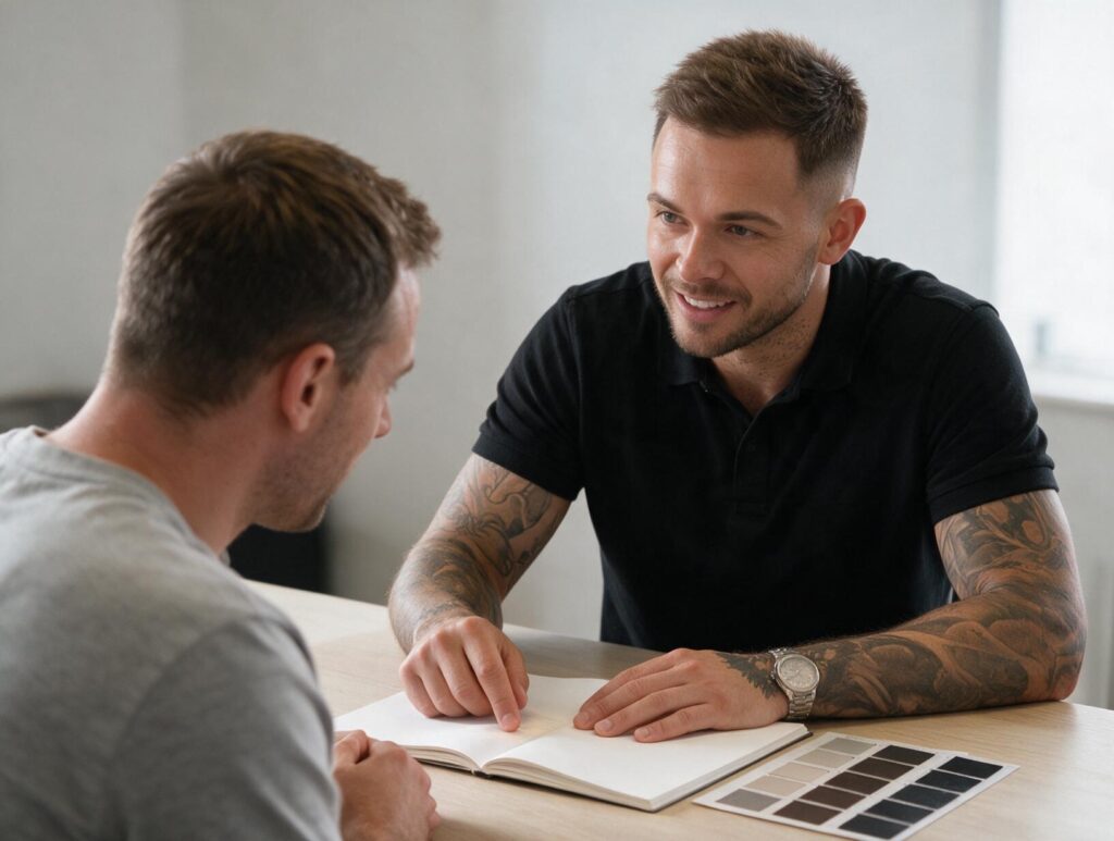Tattooed man in a black polo smiles at a client across a table