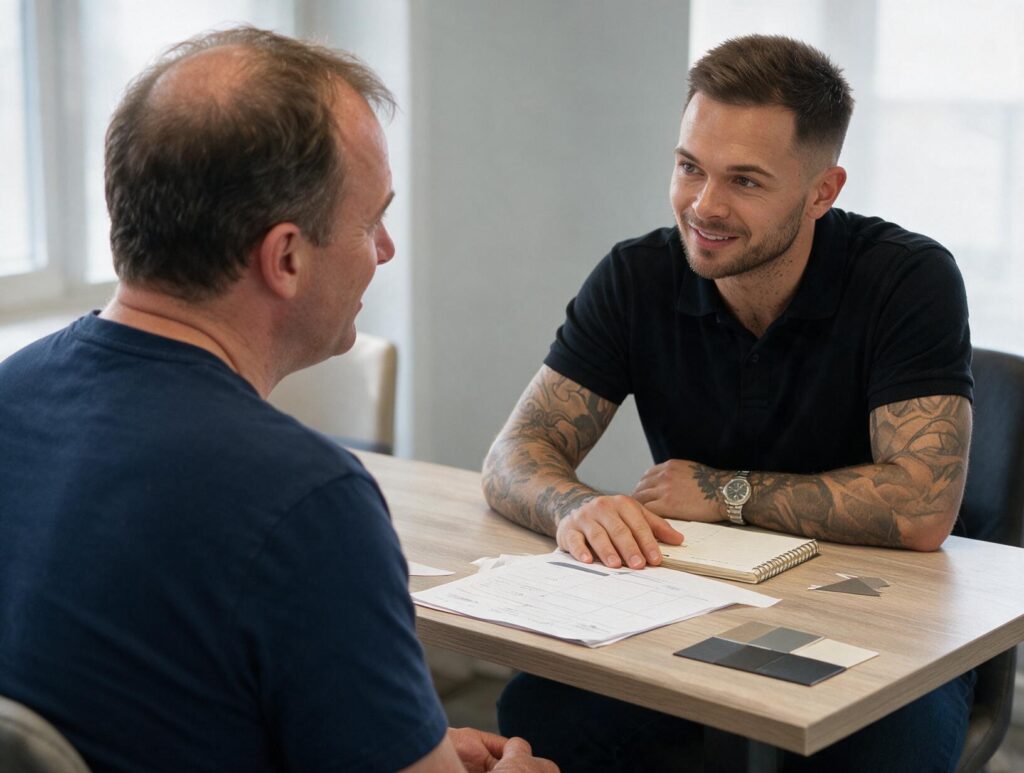 A tattooed practitioner in a black polo smiles as he talks with a thinning-haired client across a wooden table with papers